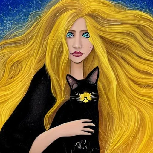 Prompt: long blonde hair, blue eyed, pretty, woman, golden yellow long flowing gown, holding a black cat, ring of flowers on her head, standing by a stormy sea.