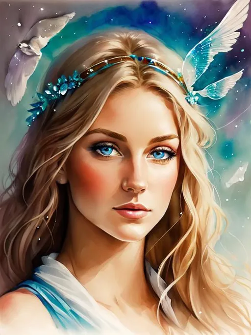 Prompt: Mystic blonde Irish native american goddess, pale skin, crystal blue eyes. detailed, proportionate, beautiful face. Blackbird in the sky. crystal staff held valiantly. Meteors falling. Wide angle. Crystal wings.