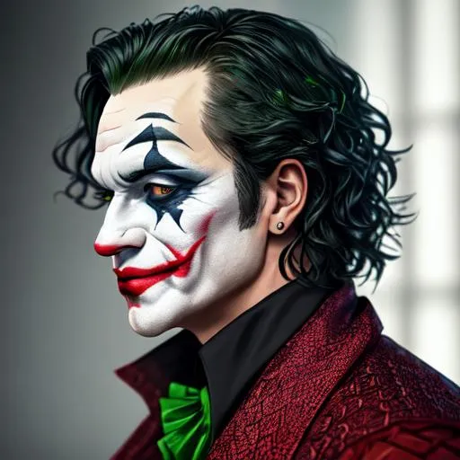 Prompt: fantasy, medieval, joker, UHD, 8k, high quality, ultra quality, perfect composition, trending art, trending on artstation, sharp focus, studio photo, intricate details, cinematic lighting, special effects, hyper realism, hyper realistic, Very detailed, high detailed face, high detailed eyes, oil painting, full body, full view