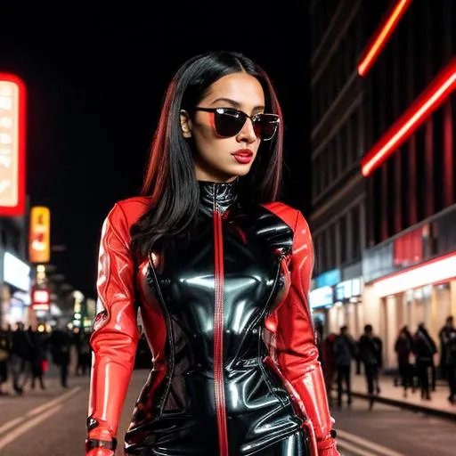 Prompt: Beautiful woman from a random country, futuristic black sunglasses wearing a red and black latex futuristic avant-garde dress, walking in the street, at night, highly detailed, ambient light, red neon lights, close-up, provocative, street photography.