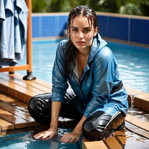 Prompt: photo of young woman, soaking wet clothes, boots, pands,  , pool,   enjoying, water dripping from clothes, clothes stuck to body,  detailed textures of the wet fabric, wet face, wet plastered hair,  wet, drenched, professional, high-quality details, full body view 