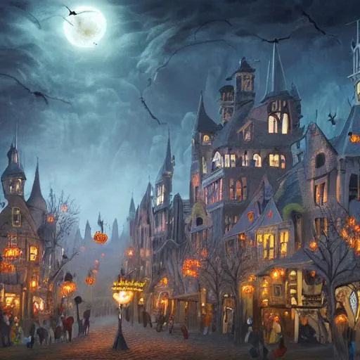 Prompt: A bustling magical town with witches flying on their broom inspired by Victorian England and Amsterdam and Halloween Town from The Nightmare Before Christmas, concept art, matte painting, trending on art station, ultra high quality, masterpiece