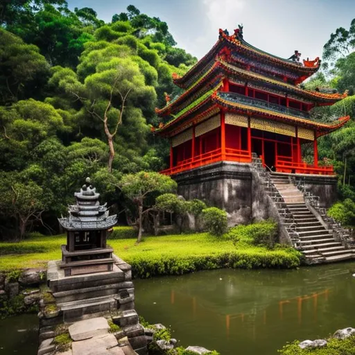 Prompt: Ancient Mandarin Temple on a secluded Island with jungle