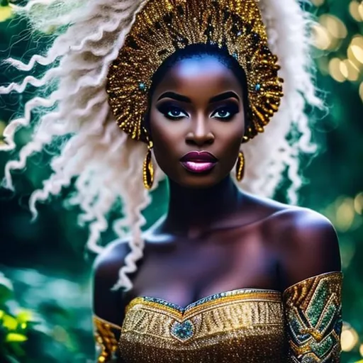 Prompt: african woman white hair elf blue dress