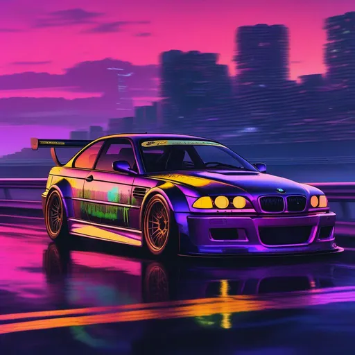 Prompt: 2001 BMW M3 E46 GTR, synthwave, aesthetic cyberpunk, miami, highway, dusk, neon lights, coastal highway, dusk, neon lights, coastal highway, sunset, drift, nurburgring, water on the road, blade runner, 8k, watercolor