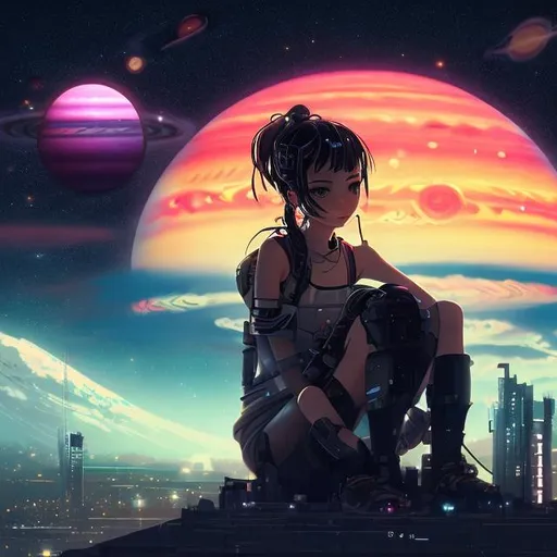 Prompt: Girl sitting on a hill overlooking the sky, stars planets jupiter, cyberpunk style