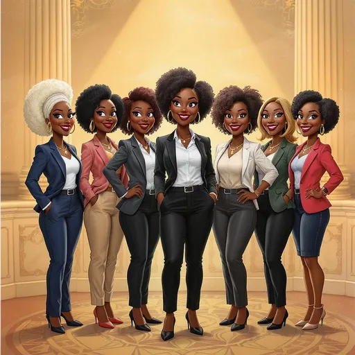 Prompt: Create a cartoon airbrush group of diverse African women in Law in smart casual attire, standing together with confidence  in a summit. 