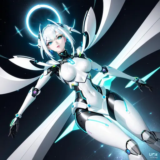 Prompt: Create a high-quality professional image of a futuristic android woman, her hair are a metallic piece short vivid platinum. Her skin is made of metal and plastic, she have a hole in her torso. She's on a futuristic landscape showing an utopic city. A giant white neon circle behind her.

heavenly beauty, 8k, 50mm, f/1. 4, high detail, sharp focus, perfect anatomy, highly detailed, detailed and high quality background, oil painting, digital painting, Trending on artstation, UHD, 128K, quality, Big Eyes, artgerm, highest quality stylized character concept masterpiece, award winning digital 3d, hyper-realistic, intricate, 128K, UHD, HDR, image of a gorgeous, beautiful, dirty, highly detailed face, hyper-realistic facial features, cinematic 3D volumetric, illustration by Marc Simonetti, Carne Griffiths, Conrad Roset, 3D anime girl, Full HD render + immense detail + dramatic lighting + well lit + fine | ultra - detailed realism, full body art, lighting, high - quality, engraved, ((photorealistic)), ((hyperrealistic))