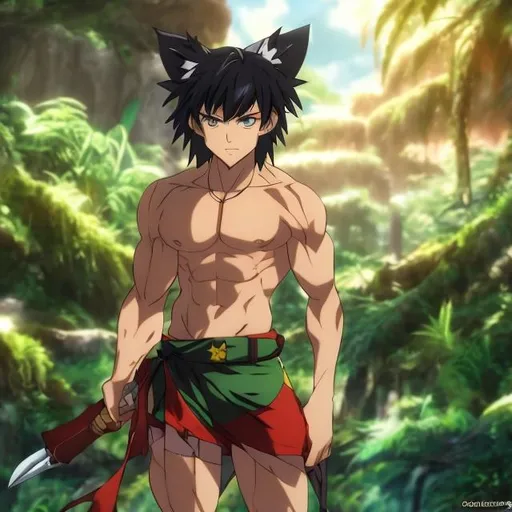 Anime A ripped muscular teenage warrior with animal