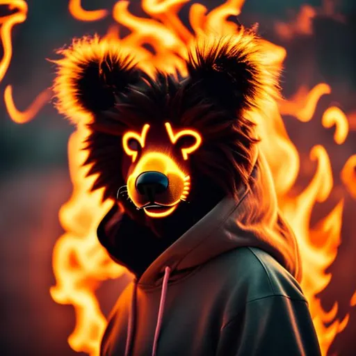 Prompt: brown, fluffy, wavy hair & brown eyes wearing a cute and cuddly bear orange green black grey orange, style cozy hoodie with bear ears on top, (((ON FIRE))), fire engulfs the background, Demon, horns, mask, smiling, (((zoomed out))), cyberpunk apocalypse, fire , sci fi, ruins, blood, midnight, 8k, highest quality, orange green black grey orange, sharp focus, studio photo, intricate details, highly detailed, UHD, HDR, 8K, ((Masterpiece))