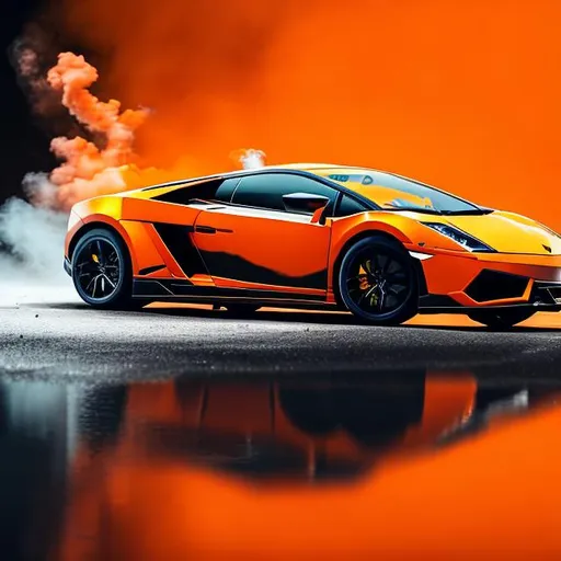 Prompt: A orange Lamborghini Gallardo car drifting futuristic a black room reflection background lime colour smoke  4k