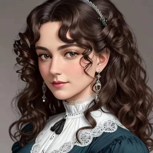 Prompt: An attractive 35 year old woman with very curly hair, elegant, Victorian era, 18th century, facial closeup