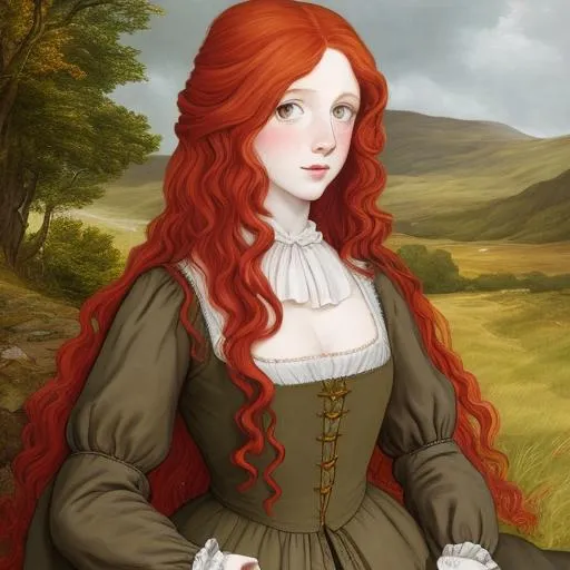 Prompt: Lass from scotland in 18th century,red curly long hair with yellow brown eyes, pale skin, with freckes, landscape scotland
Dressed with 1755 gown 
 
