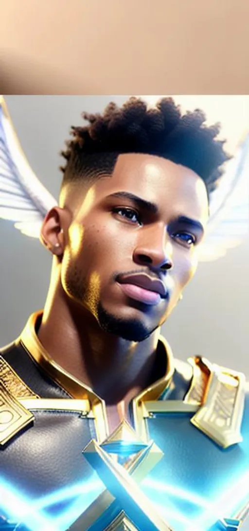 Prompt: detailed eyes, realistic drawings, very realistic eyes, real depth, perfect lighting, all geometrically correct, proportionate face,,technological eyes, light brown skin, tall, egyptian, afro, strong athletic body, energetic plasma wings, vigorous, sword, high detail, fatherly, light armor designs, detailed face, concept art, character art, golden belt, landscape,