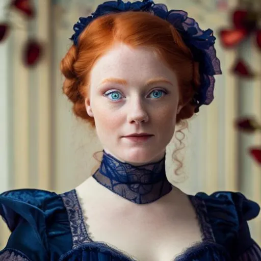 Prompt: beautiful Victorian woman with strawberry blonde hair and light blue eyes wearing a dark blue gown,facial closeup