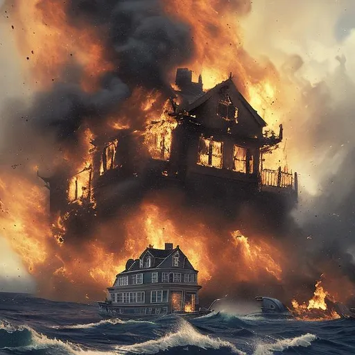 Prompt: a house burning at the high seas