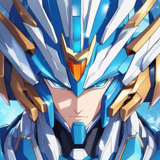 Prompt: anime gundam megaman portrait of ice phoenix man, eyes, beautiful intricate ice phoenix hair, shimmer in the air, symmetrical, superhero, concept art, digital painting, looking into camera, square image