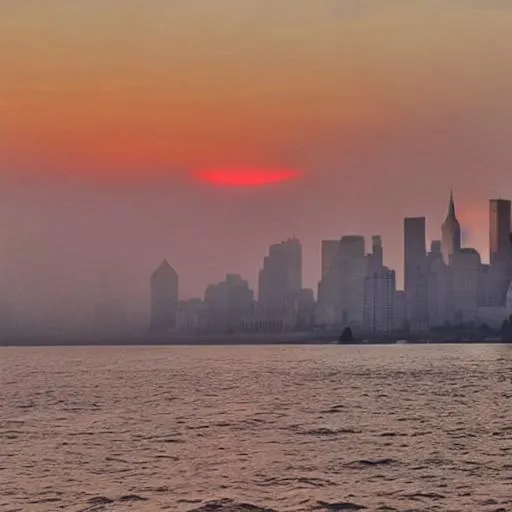 Prompt: two twin towers World Trade Center 1984 sunset with a litte fog 
