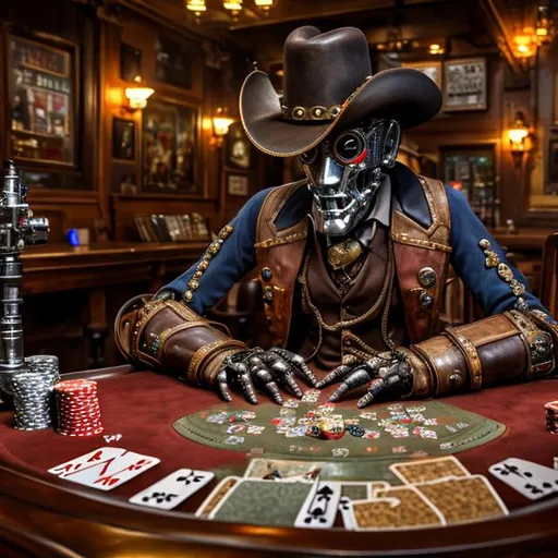 Prompt: A detailed portrait of a robot playing poker in a steampunk classic western saloon, complete with cowboy hats and revolvers, RAW photo, 8k uhd, dslr, high quality, Fujifilm XT3