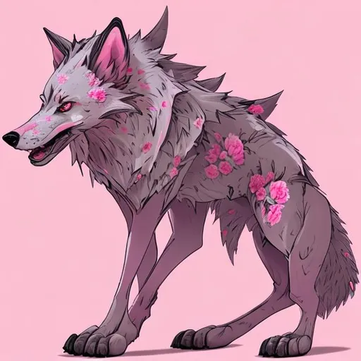 Prompt: pink flowery, anthopomorphic female wolf, walks on two legs, wears clothes