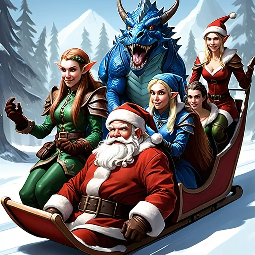 Prompt: a male human, two female elves, a male blue dragonborn and a female Goliath riding Santa Claus sled.