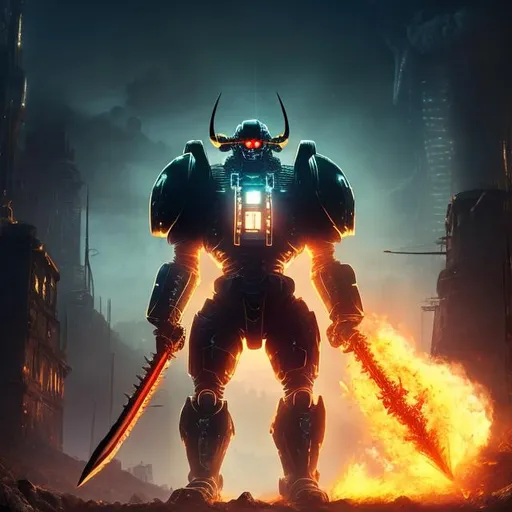 Prompt: Man in heavy futuristic Armour, fire in Background, Hulk, Iron man , Halo Sword , Golden , Giant , Gundam, 4K , Warhammer , DOOM guy, Evangelion , dynamic pose, sci-fi , carbon fibre , Massive Sword , dynamic pose , action movie poster , jet pack , disproportionate huge arms, 40k , Iron Giant 