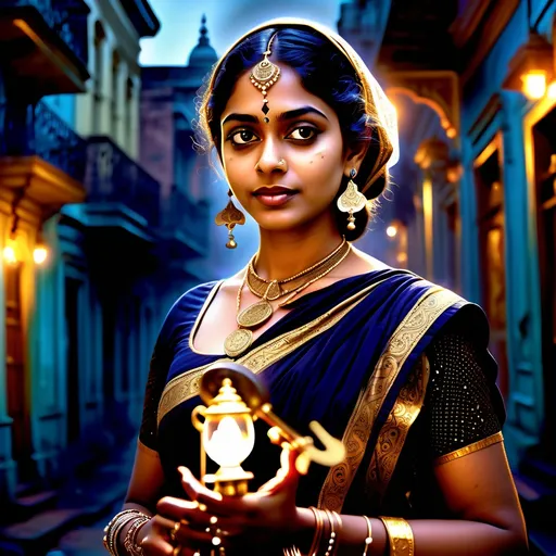 Prompt: "Photorealistic Bengali woman in traditional dress with Victorian elements, spirit-capturing brass instruments, ornate henna patterns that double as mystical wards, crystal pendant with spectral glow, colonial Calcutta street at twilight with ghostly manifestations --ar 3:4 --s 1000"