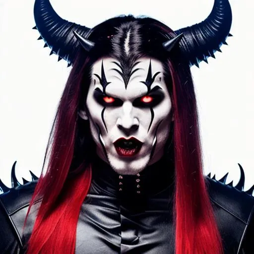 Prompt: full body pose , demonic Man, black sclera, red and black cat eyes, big red and black horns, big wide blonde spiky extra very long hair, pale skin, sharp jaw, vampire fangs, hyperrealistic eyes, hyperrealistic nose, hyperrealistic lips, ethereal, divine, goddess, Evil, Sinister, Horror, Living Shadow