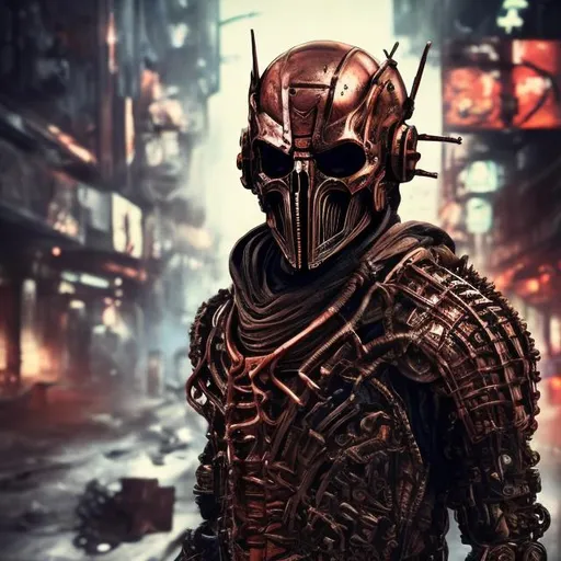 Prompt: Redesigned cybernetic futuristic scrap metal tarnished copper detailed armour. dark evil redskull-wolverine. Bloody. Hurt. Damaged mask. Accurate. realistic. evil eyes. Slow exposure. Detailed. Dirty. Dark and gritty. Post-apocalyptic Neo Tokyo with fire and smoke .Futuristic. Shadows. Sinister. Armed. Fanatic. Intense. 