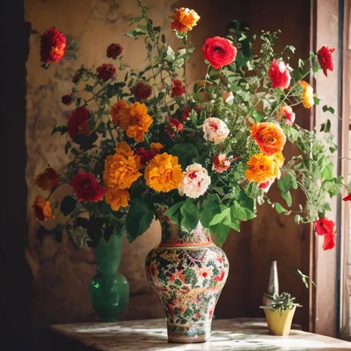 Prompt: An Italian vase with flowers on the table