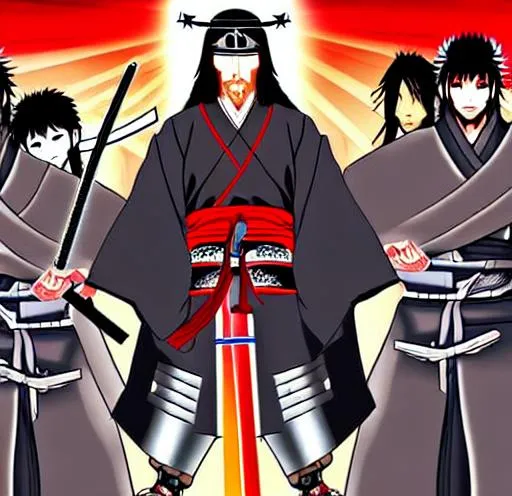 Prompt: Anime war scene graphic High detail Samurai warrior crusaders with Jesus Christ as depicted in the book of  revaltion coming out of heaven one side is the gathering of The chosen to ride victory against the enemy Satan and his fallen cyberpunk ninjas on the opposite side 