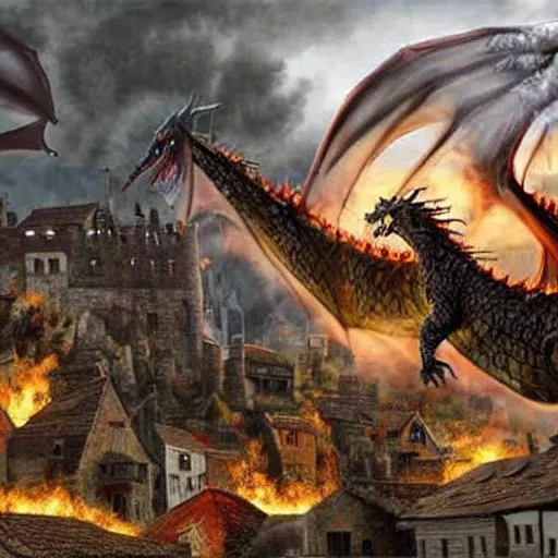 Prompt: Medieval town being attacked by a dragon