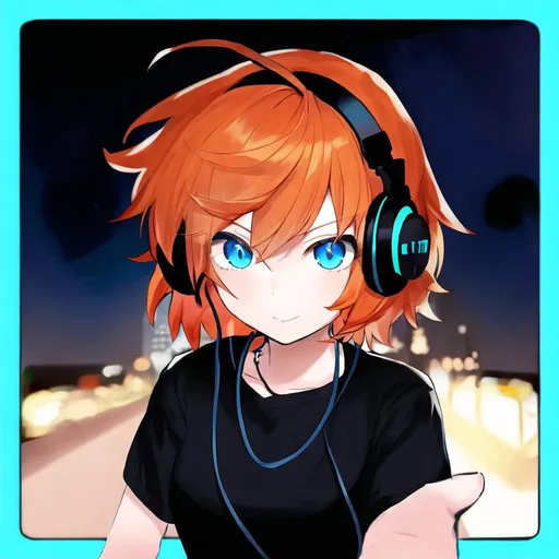Prompt: Portrait of a cute girl with short, orange hair and blue eyes wearing a black shirt and blue and black headphones at night 