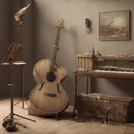 Prompt: A musical instrument of unknown origin, placed in a dusty room. octane render, 4k UHD, hyper - detailed, realistic, beautiful lighting, sharp focus in style of Jean-Baptiste Monge