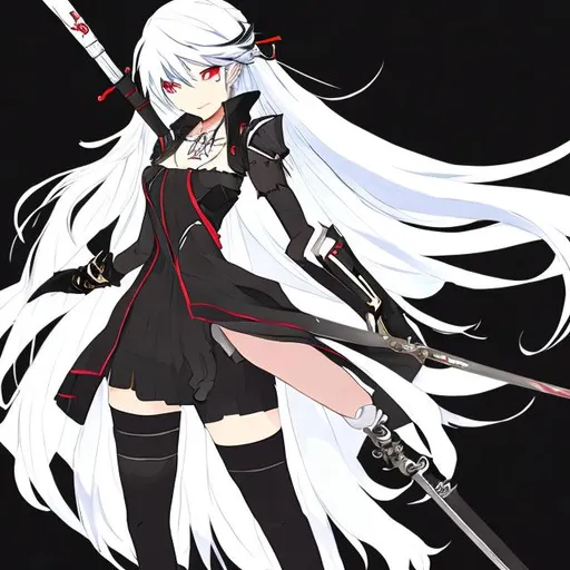 Prompt:  anime character in the RWBY art style with cool scythe mechanical weapon. Long silvery white hair with black streak 