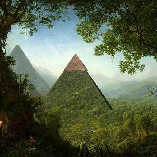 Prompt: a beautiful and highly detailed digital painting of a small distant pyramid in the centre of a massive lush mountainous jungle, intricate details, epic scale, hyperdetailed, hyperrealism, artstation, cgsociety, 8 k, sharp focus, by caspar friedrich, albert bierstadt, james gurney,
