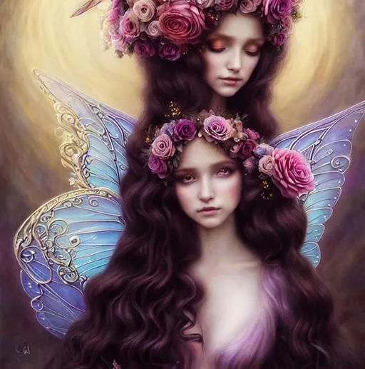 Prompt: Breathtaking baroque long haired beauty, fairy wings, painted by artgerm, nicoletta ceccoli, daniel merriam, fantasy art, renaissance gown, hyper realistic flower bouquet painting, sparkles, Beautiful goddess, Haute Couture, princess dress, beautiful symmetrical face, pre-raphaelite, soft shadows, stunning, dreamy, elegant, ornate, style of michael parks, tom bagshaw, roberto ferri and Marco mazzoni, hyper-realistic, matte painting , enhanced, photo render, 8k, art by artgerm, wlop, loish, ilya kuvshinov, 8 k hyperrealistic, crackles, hyperdetailed, beautiful lighting, detailed background, depth of field, symmetrical face, frostbite 3 engine, cryengine, bubbles, dragonflies, garden of roses and peonies background, ultra detailed, soft lighting, portrait of woman with rosey cheeks, flowing wavy pale green hair and hazel eyes, wearing  light pink chiffon gown | by naoko takeuchi and anna dittmann and karol bak