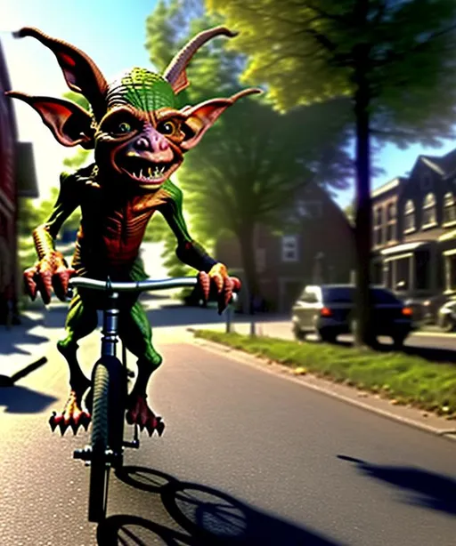 Prompt: A photorealistic image of a goblin riding a bicycle in TORRINGTON Connecticut.