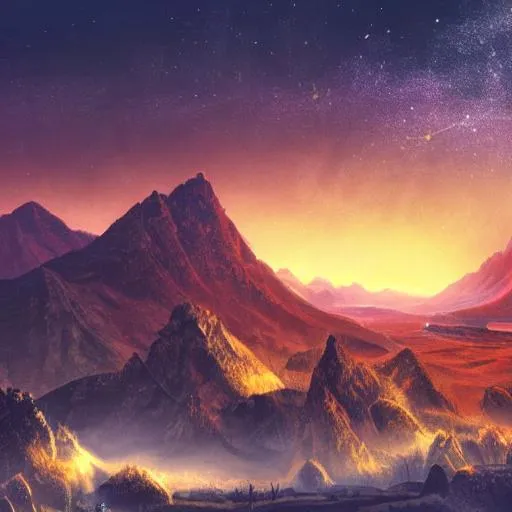 Prompt: mountain landscape, backlit by fire, meteors in the sky, 4 k, digital art, concept art, trending on artstation