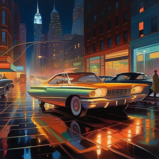 Prompt: 2060s New York at night, futuristic, car chase, rain, warm atmosphere, cartoony style, extremely detailed painting by Greg Rutkowski and by Henry Justice Ford and by Steve Henderson