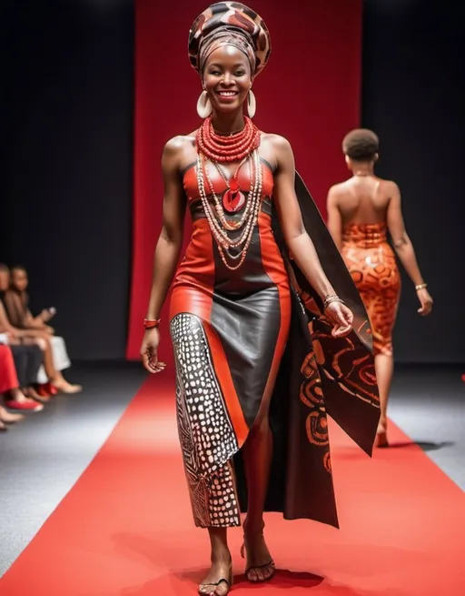 Prompt: a African woman with a bright smile walking down a runway wearing leather printed African dress with leather and cowrie shells necklaces on her head and around her neck and a red background, and bright red rug Chinwe Chukwuogo-Roy, afrofuturism, complementing colors, a picture