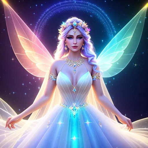 Prompt: Beautiful ethereal fairy, magic glowing orbs, ((wearing diamantine intricate gown)) ((bright multi coloured galaxy straight hair)), glowing, trails of light, wisps, soft white skin, slight sparkles, unreal engine 8k octane, 3d lightning, stellar, quartz, gem rain, luminous chest, fantasy