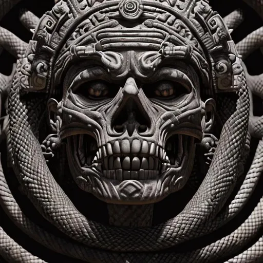 Prompt: Aztec death god detailed face with crown of snakes ultra realistic 