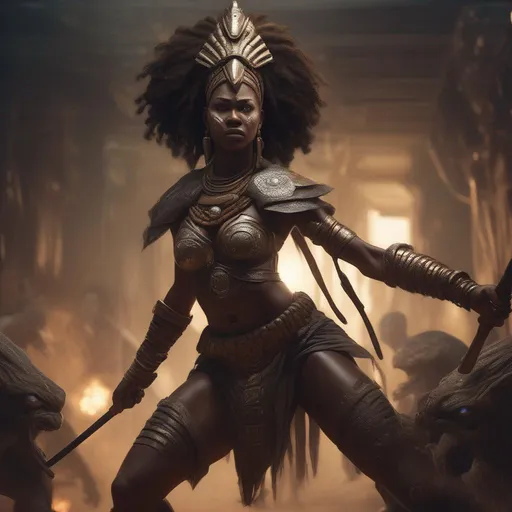 Prompt: A dark ominous African warrior queen fighting monsters, glowing eyes, concept art, dystopia, orientalist, full body, dynamic, pose,  insane detail, detailed, worn, cinematic, hyper realism, realistic proportions, dramatic lighting, high detail 4 k, artstation