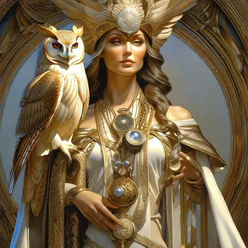 Prompt: "portrait of an ethereal sorceress with ONE owl on her shoulder. ulta detailed, photorealistic. perfect face, symmetrical eyes. fantasy, magic realism. by jc leyendecker, Michael Parkes, Joann Lossel. 8k, volumetric lighting, best quality"