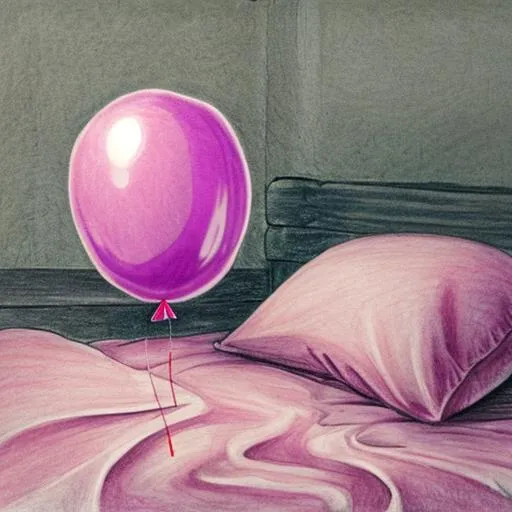 Prompt: Drawing of a deflated balloon that looks like jelly. The previous balloon is lying on the blankets of a rustic wooden bed.



