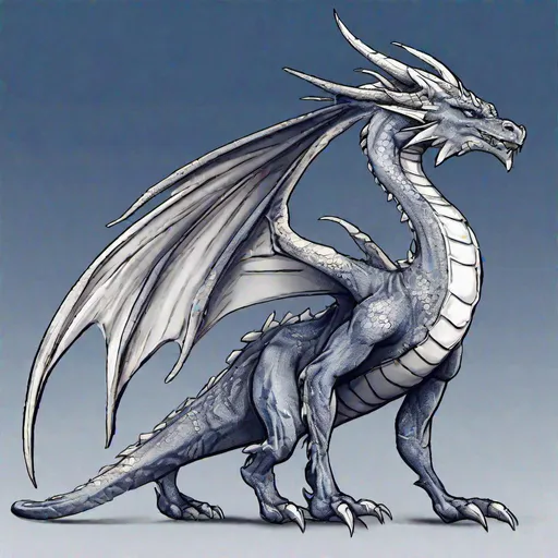 Prompt: Concept designs of a dragon. Full dragon body. Dragon has four legs and a set of wings.  Side view. Coloring in the dragon is dark blue with silver streaks or details present.