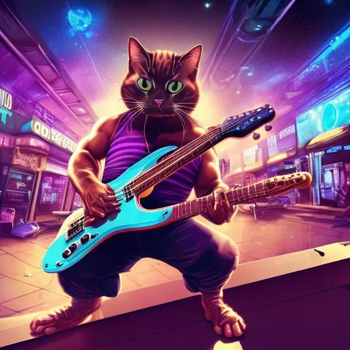 Prompt: Bodybuilding Cat playing guitar for tips in a busy alien mall, widescreen, infinity vanishing point, galaxy background