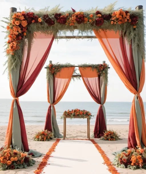 Prompt: large Wedding huppah with panels of sage, maroon, and orange fabrics. Covered with lots of burnt orange, deep red, and orange flowers 