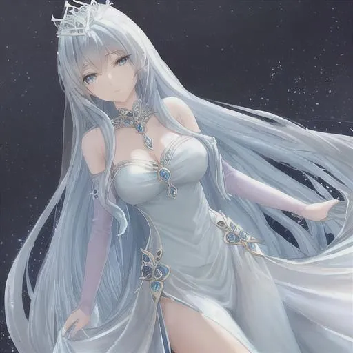 Prompt: butiful queen, very long blue hair, sky blue and darkblue sining long dress, blue and white aura